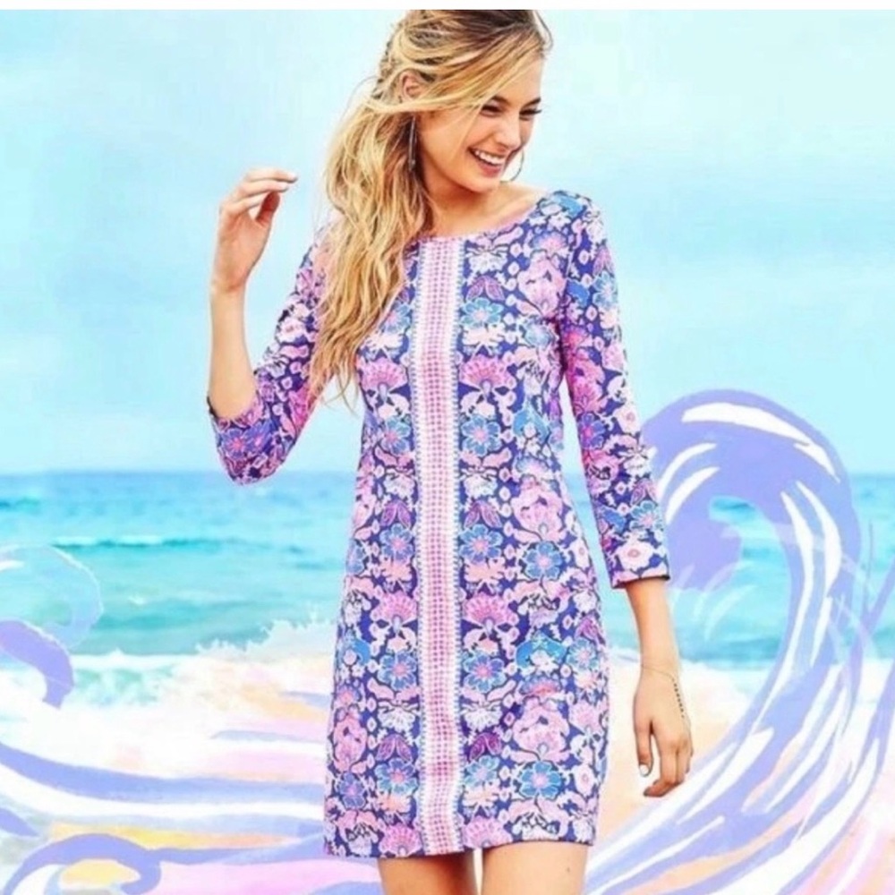 Lily Pulitzer MARLOWE Iris Blue Werk it 3/4 Sleeve Sz L Dress